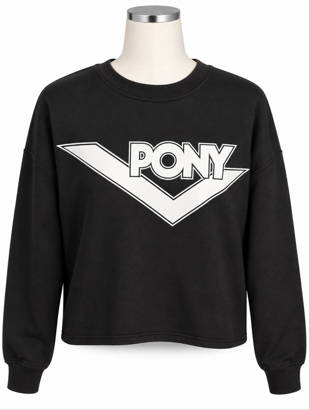 NWT PONY Women's Cropped Sweatshirt Size M Black Crewneck Long Sleeve Pullover